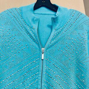 New XS Boston Proper Snowflake Ski Zip Cardigan Blue Green Sequin Sparkle